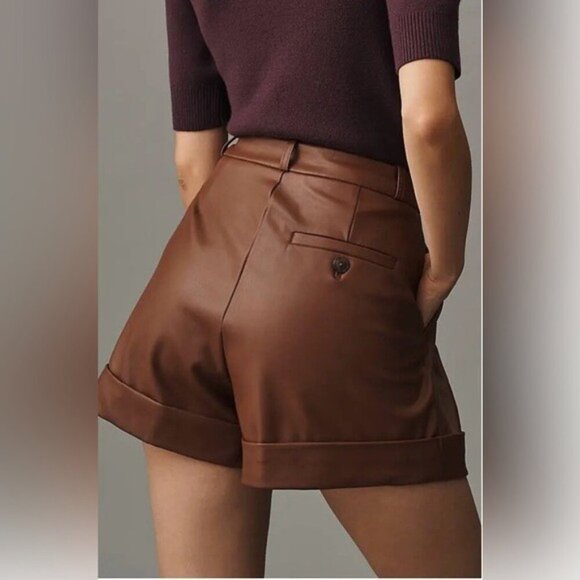 NWT Size 8 - Anthropologie Faux Leather Cuffed Shorts in Brown - Picture 7 of 16